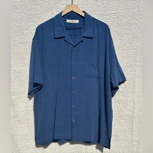 Tommy Bahama XL 100% Silk Embroidered Back Shirt Blue Camp Hawaiian Graphic